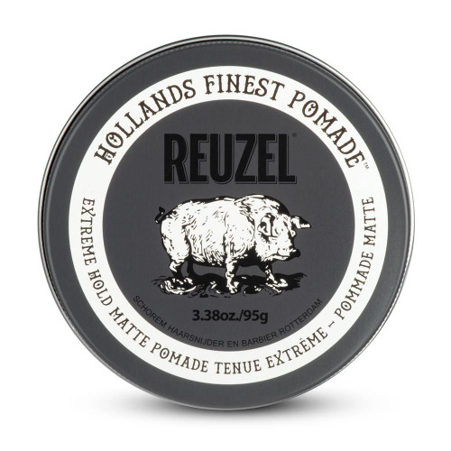 Reuzel Pink Extreme Hold Matte Pomade 113g, round black and white tin with a pig illustration and product information about extreme hold matte styling.