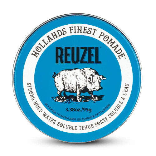 Reuzel Blue Pomade Strong Hold Water Soluble 95g, round blue tin with a pig logo and white text.