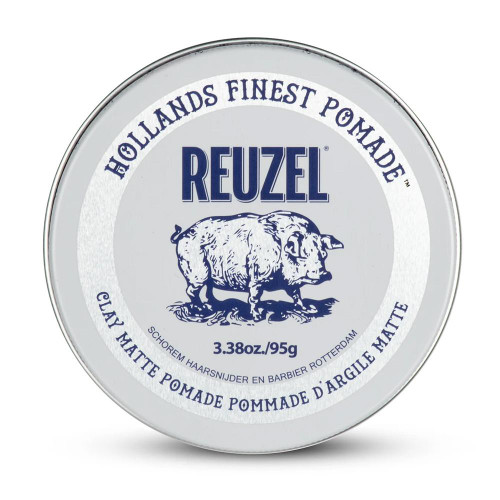 Reuzel Clay Matte Pomade 95g, product image showing a round tin container with blue and white design, featuring the Reuzel logo and a pig illustration.