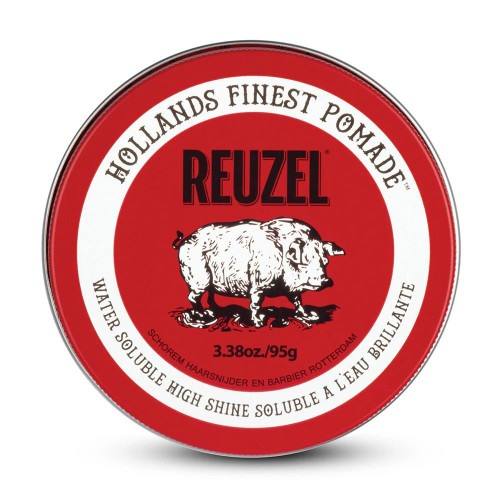 Reuzel Red Pomade Water Soluble High Sheen 35g, round red tin with white and black text and a pig illustration.