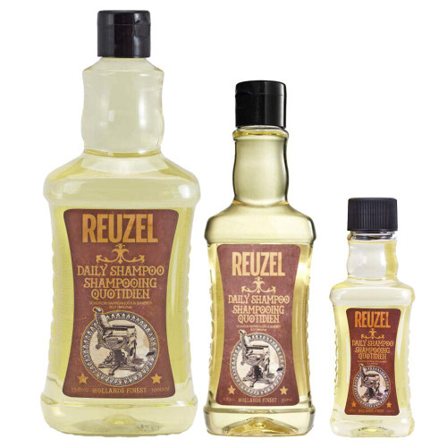 Reuzel Daily Shampoo, three bottles of men's hair care product with vintage-style label and black caps.