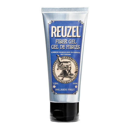 Reuzel Fiber Gel 100ml, blue and black hair styling gel tube with vintage barber shop graphic and branding.