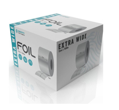 Product Identity Extra-Wide Silver Hair Foil Rolls (120mm), packaging box with image of foil roll and product specifications.