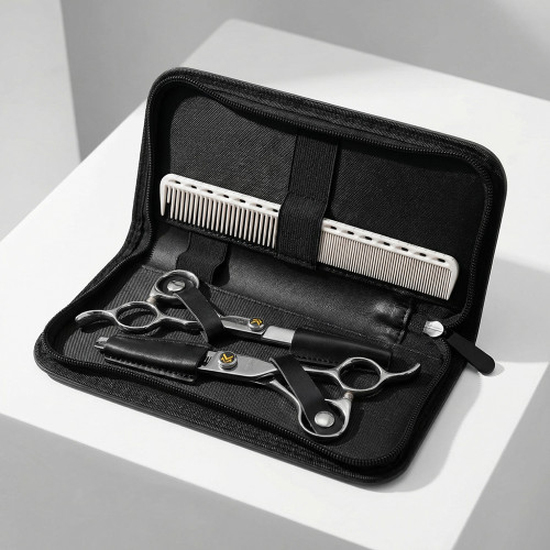 Kobe Pro Apollo Scissor, Thinner, and Comb Set, set of professional hair cutting tools inside a black case.