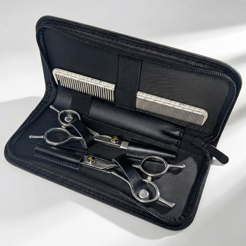 Kobe Pro Comet Scissor, Thinner, and Comb Set in a black carrying case, including professional hair styling scissors, thinning scissors, and a comb for hair cutting and styling.