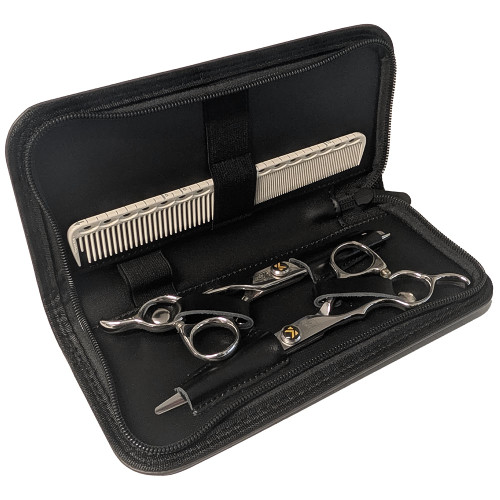 Kobe Pro Apollo Left Handed Scissor, Thinner, and Comb Set, presented in a black zippered carrying case with tools neatly organized inside.