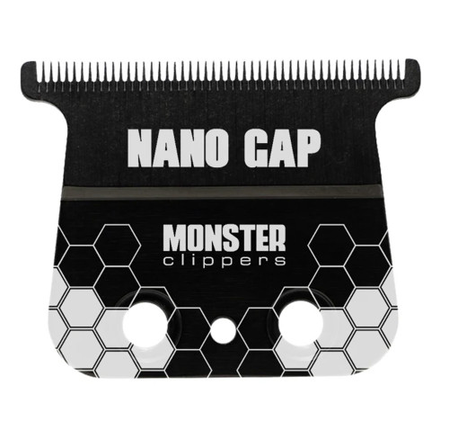 Monster Trimmers Nano Gap Replacement Blade, black clipper blade with fine teeth and hexagonal design pattern.