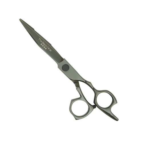 Matakki Black Ninja Hairdressing Scissor, professional sleek black stainless steel hair cutting scissors with ergonomic finger rest and sharp blades for hairstyling.