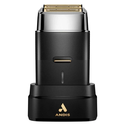 Andis ProFoil PlusII Shaver, close-up of the electric foil shaver with a sleek black and gold design on a charging stand.