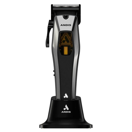 Andis Recon Clipper, cordless professional hair clipper on charging dock with sleek black and silver design.