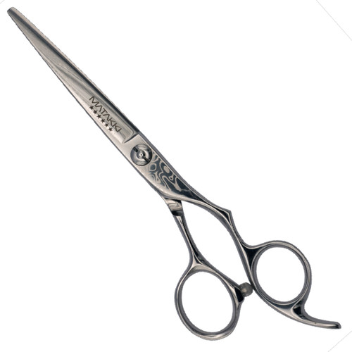 Matakki Supernova MK2 Damascus Hairdressing Scissor, professional stainless steel hair cutting scissors with Damascus pattern, ergonomic design, and precision blades.