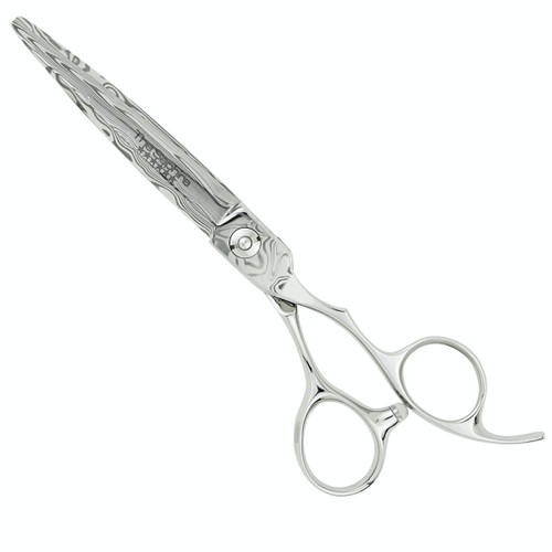 Matakki Matakki Saphira Damascus Hairdressing Scissor, professional silver hair cutting scissors with Damascus pattern, precise blades, and ergonomic design.