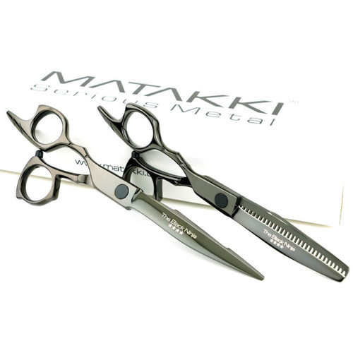 Matakki Matakki Black Ninja Left Handed Scissor and Thinner Set, stainless steel professional grooming scissors and thinning shear tool with ergonomic design.