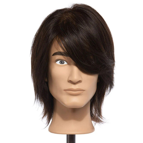 Pivot Point Cole Graduated - 100% Human Hair Male Mannequin, realistic male wig display with layered, dark brown to black hair, styled with a side-swept fringe.