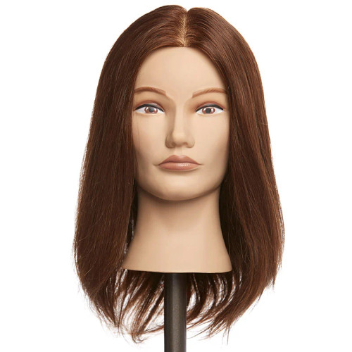 Pivot Point Erika Solid - 100% Human Hair Mannequin (Small), front view of a realistic mannequin head with straight, brown human hair for hairstyling practice and display.