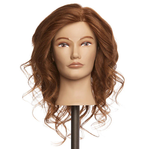 Pivot Point Kate Uniform - 100% Human Hair Mannequin (Small), mannequin head with brown curly hair for hairstyling practice.