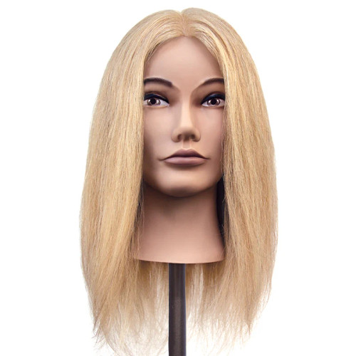 Pivot Point Gwyn Solid - 100% Human Hair Mannequin (Small), front view of a mannequin head with long, straight blonde hair for hairstyling practice.