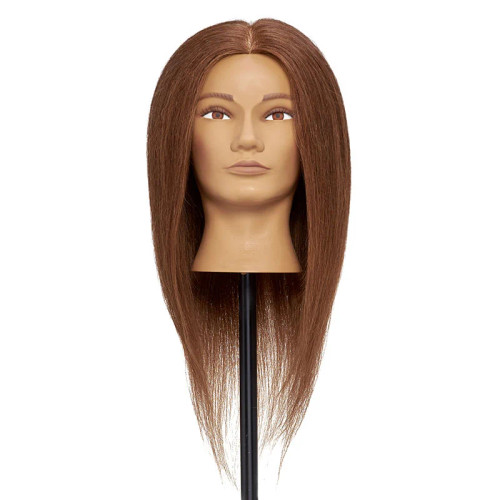 Pivot Point Kate Uniform Cap - 100% Human Hair Snap Cap (Small), a realistic mannequin head showcasing the wig with straight, reddish-brown human hair.