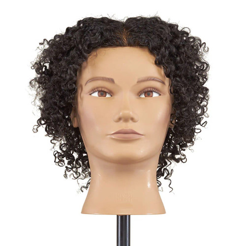 Pivot Point Amber Uniform Cap - 100% Human Hair Snap Cap (Small), curly black wig on mannequin head