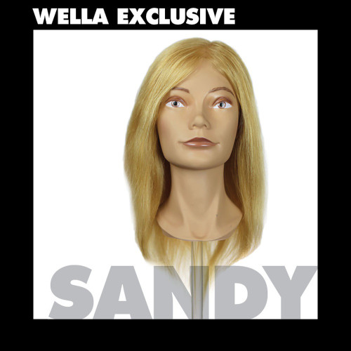 Pivot Point Sandy Human Hair Wella Training Head (Large), front view of a cosmetology mannequin head with long, straight blonde human hair on a white background