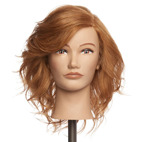 Pivot Point Britney Human Hair Training Head, mannequin head with long, wavy auburn human hair styled with a side part on a stand against a white background.