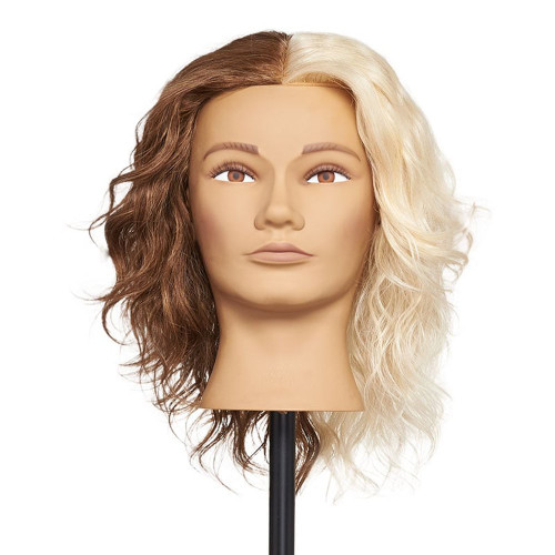 Pivot Point Bicolour Cap Human Hair (Small), mannequin head wearing a wavy human hair wig split into brunette and blonde halves