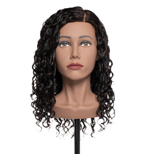 Pivot Point Michelle Human Hair Training Head, mannequin cosmetology practice head with long dark wavy human hair displayed on a stand against a white background.