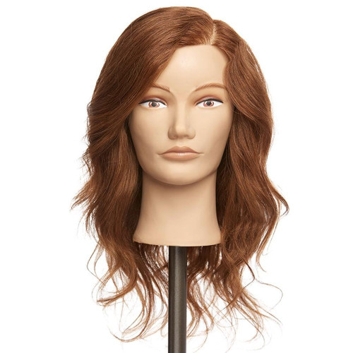 Pivot Point Irene Human Hair Training Head, mannequin cosmetology training head with long, wavy auburn human hair styled with a side part, displayed on a stand against a white background.