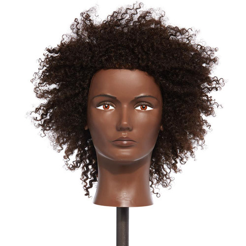 Pivot Point Charlene Cap Human Hair (Medium), mannequin head wearing a voluminous dark brown, tightly curled medium-length human hair wig
