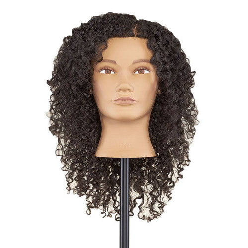 Pivot Point Janet Cap Human Hair (Small), mannequin head wearing a long, dark brown human hair wig with tight curls and a center part