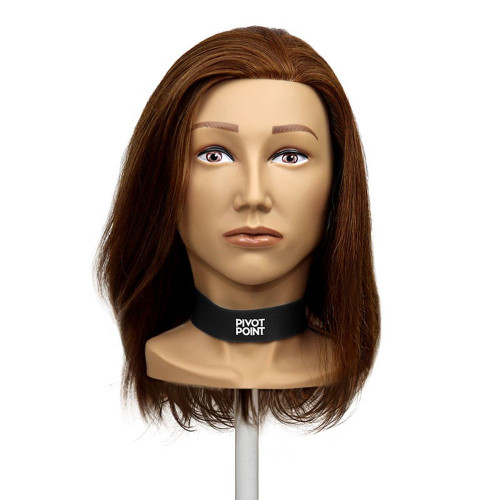 Pivot Point Female Human Hair Slip-On, mannequin head with straight, shoulder-length brown human hair displayed on a stand against a white background.