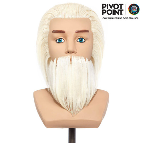 Pivot Point Johann Natural Animal Hair Training Head with Beard, mannequin training head with long white hair and a full white beard mounted on a stand.