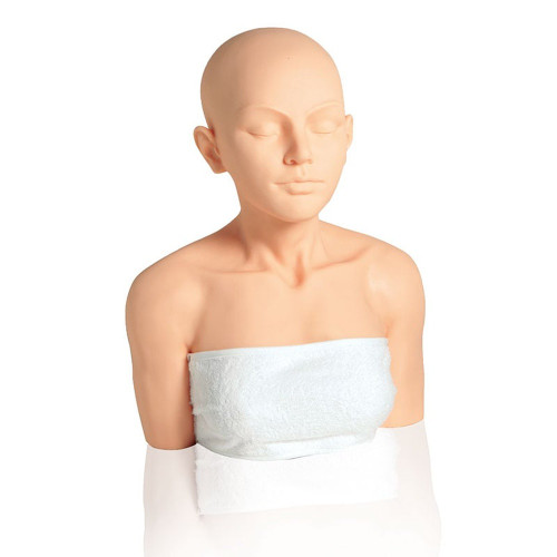 Pivot Point Massage Head and Shoulders Training Kit, mannequin training model shown from the head to shoulders with a white towel wrapped around the chest