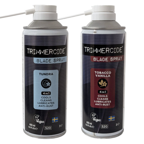 Trimmercide Blade Spray - Scented - 4-in-1 - 400 ml, two cans of scented blade spray with one labeled Tundra and the other Tobacco Vanilla, designed for lubricating, cleaning, cooling, and anti-rust protection.