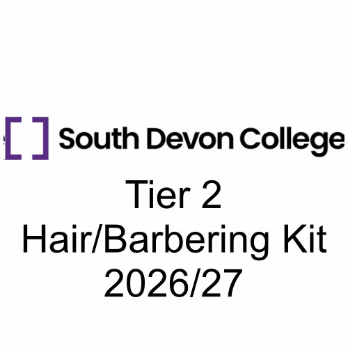 South Devon College Tier 2 Hair/Barbering Kit 2026/27, image of a complete professional hair and barbering kit with tools and accessories for students.