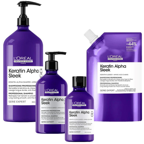 L'Oréal Professionnel Serie Expert Keratin Alpha Sleek Shampoo - 300 to 1500 ML, image shows four purple shampoo bottles with black pumps and caps, including a large refill pack.