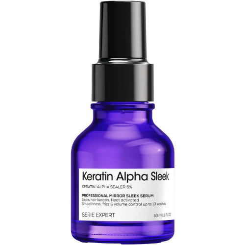 L'Oréal Professionnel L'Oreal Professionnel Serie Expert Keratin Alpha Sleek Serum - 50 ml, purple glass bottle with black spray cap.