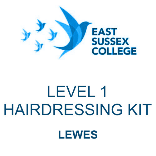 East Sussex College Lewes College Level 1 Hairdressing Kit, educational product with logo and text in blue on a white background.