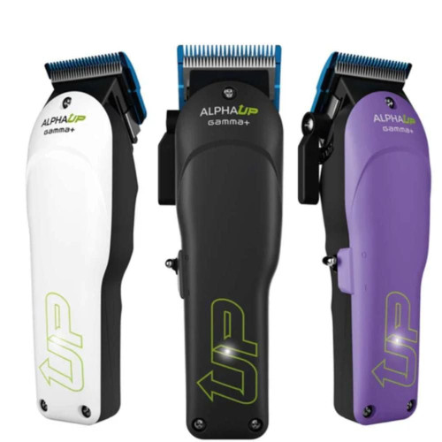 Gamma+Alpha UP Clipper, professional grooming hair clipper with black, white, and purple color options featuring adjustable blades.