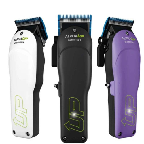 Gamma+Alpha UP Clipper, professional grooming hair clipper with black, white, and purple color options featuring adjustable blades.