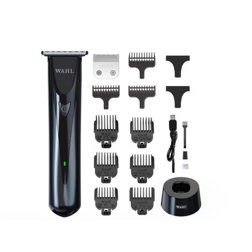 Wahl Chromini Duo Hair Trimmer, image showing the various detachable blades, additional trimming heads, charging dock, and accessories for versatile grooming.