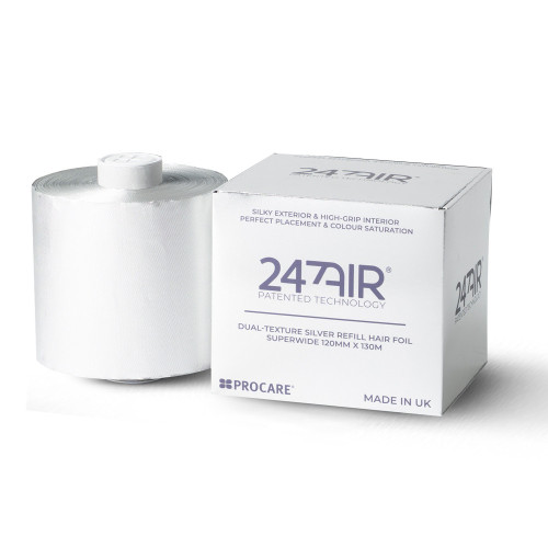 Procare 247AIR Premium Dual Texture Hair Foil Roll, white hair foil roll next to a white box with product details.