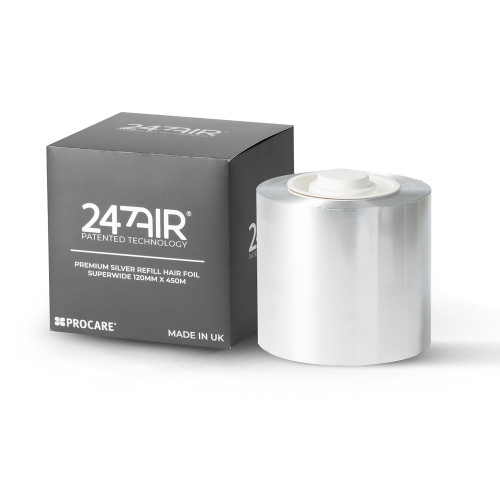 Procare 247AIR Premium Refill Smooth Procare 120mm x 450m, silver hair foil roll with packaging and product box.