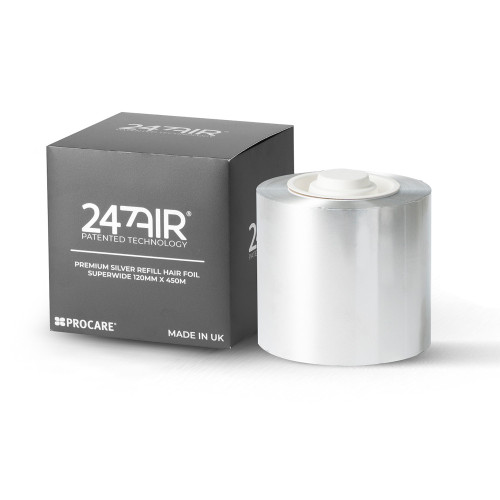 Procare 247AIR Premium Refill Smooth Procare 120mm x 450m, silver hair foil roll with packaging and product box.