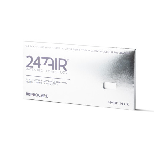 Procare 247AIR Premium Dual Texture Hair Foil Sheets, 120mm x 230mm, 100pk, silver packaging with product details.