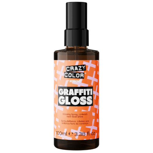 Crazy Color Graffiti Gloss Glossing Spray - 100 ml, amber plastic bottle with black spray cap and graffiti-themed orange, black, and white label.