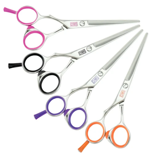 DMI Scissors, professional left-handed hairdressing scissors with colorful finger rings in pink, black, purple, and orange and sharp stainless steel blades.