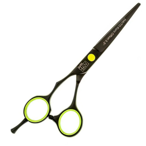 Haito Kuro Left Handed Offset Hairdressing Scissors, black scissors with yellow accents and ergonomic design for professional hair cutting.