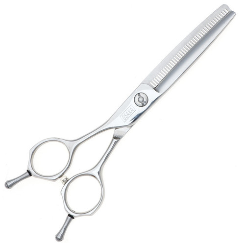 Osaka 640 Left Handed Thinning Scissors, professional hair thinning scissors made of stainless steel with adjustable tension screw and ergonomic finger rings.
