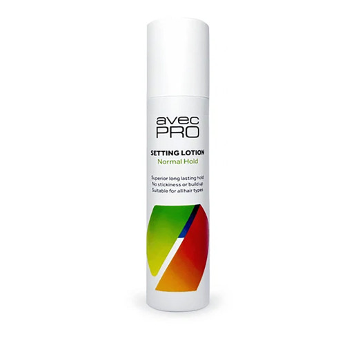Avec Pro Setting Lotion Normal or Extra Strong 300ml, white cylindrical spray bottle with black and green text and colorful abstract logo design.